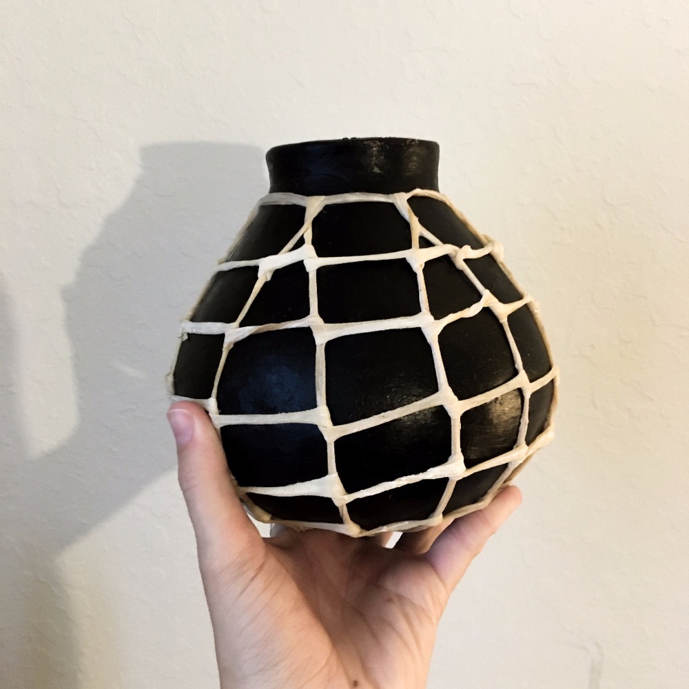 Bohemian Black vase with netting around